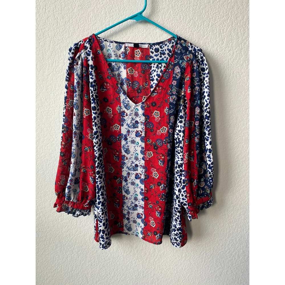 Lifestyle Attitude Women Mixed Floral Leopard Print BOHO Blouse Size 1X Red Blue
